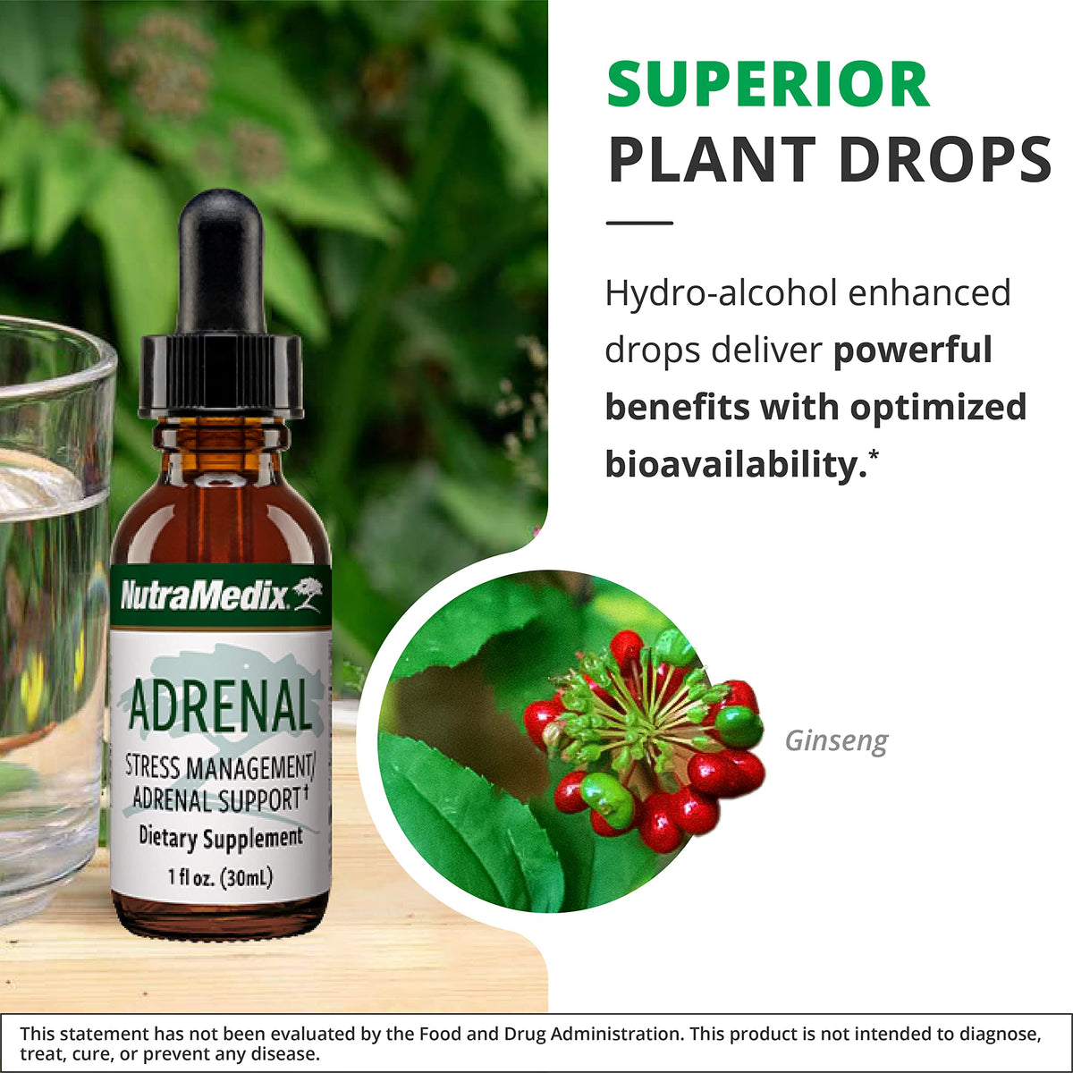 NutraMedix Complément Alimentaire Fatigue Surrénale 30ml avec ingrédients en arrière-plan