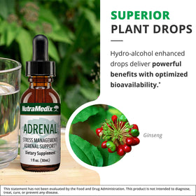NutraMedix Complément Alimentaire Fatigue Surrénale 30ml avec ingrédients en arrière-plan