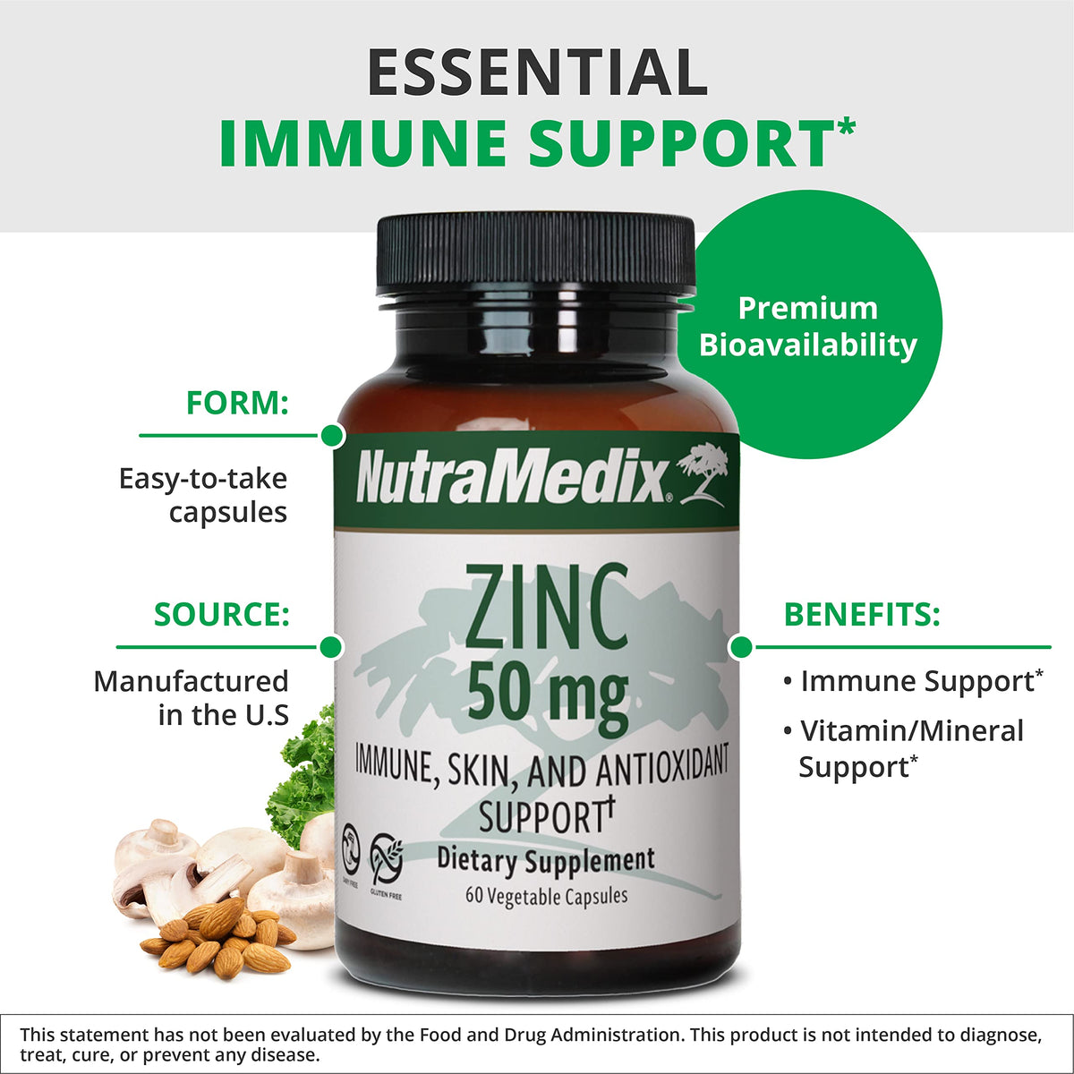 NutraMedix Zinc 50mg capsules on a wooden table