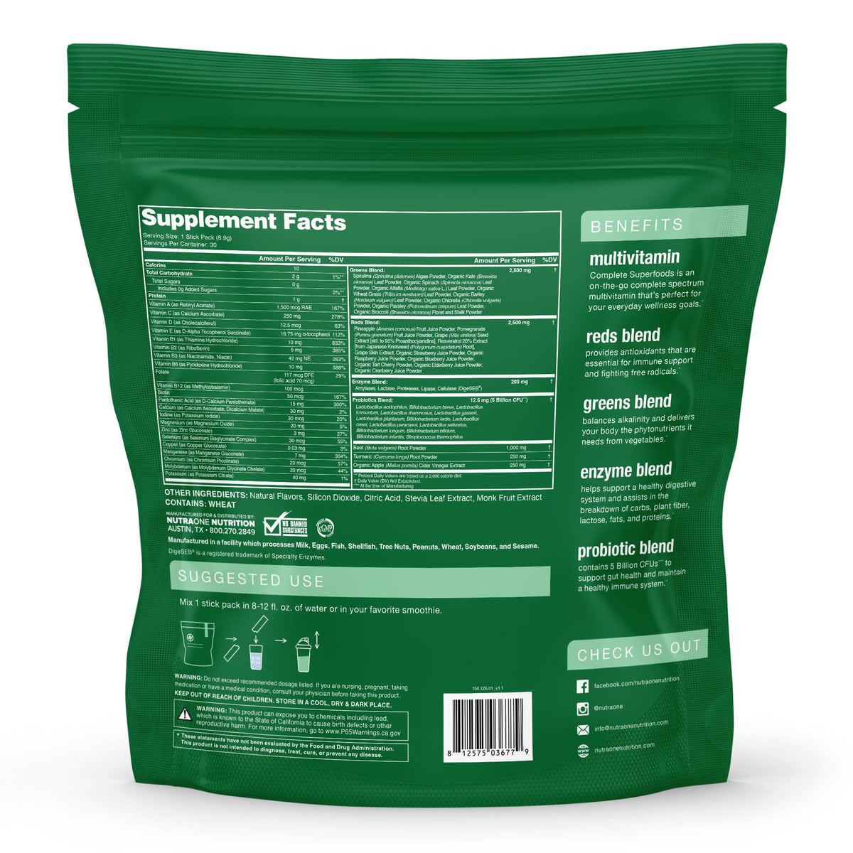 NutraOne Complete Superfoods stick pack ouvert montrant la poudre
