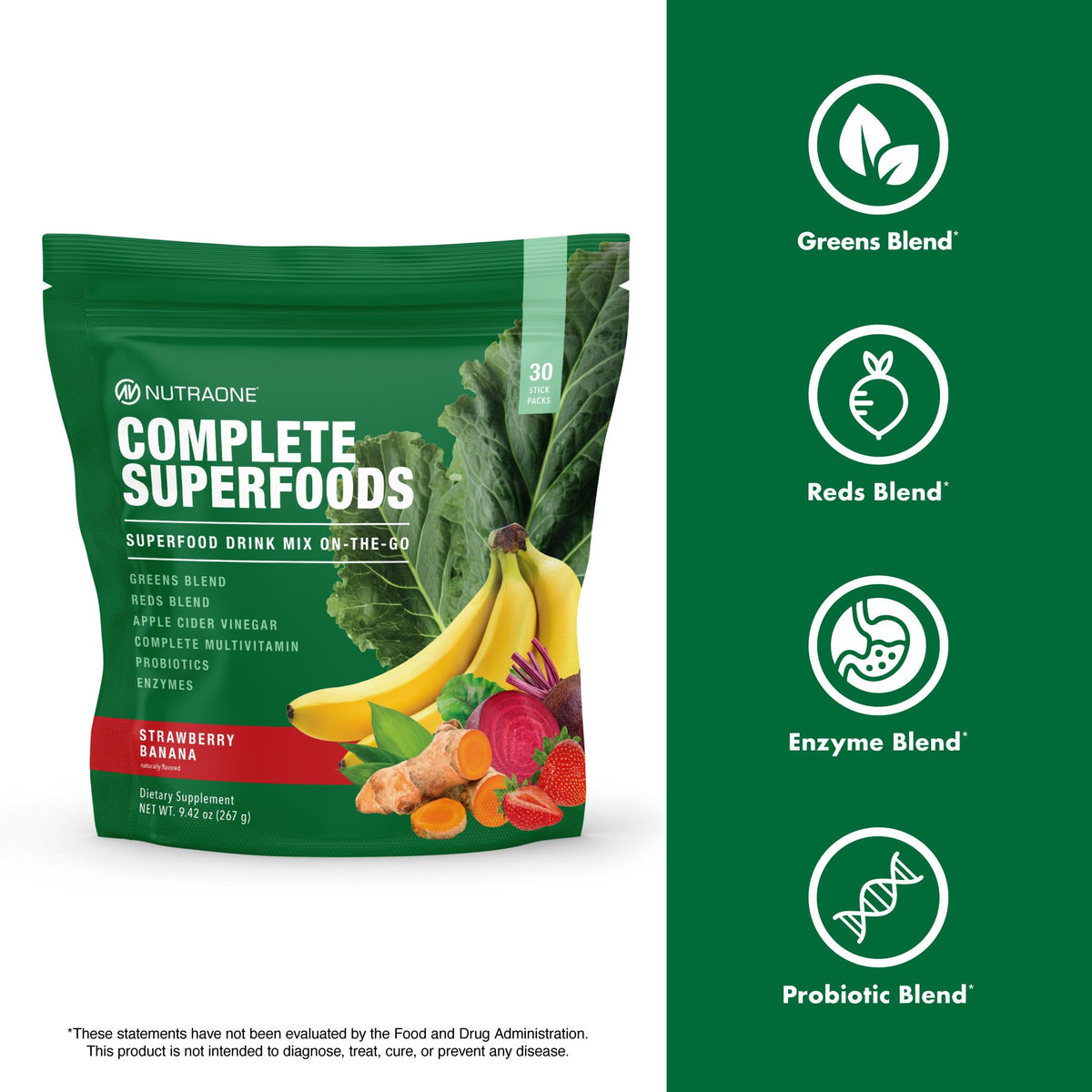 NutraOne Complete Superfoods stick pack sur une table