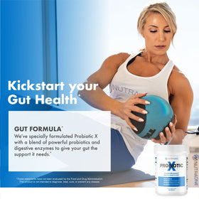 NutraOne ProbioticX capsules avec ingrédients en surimpression