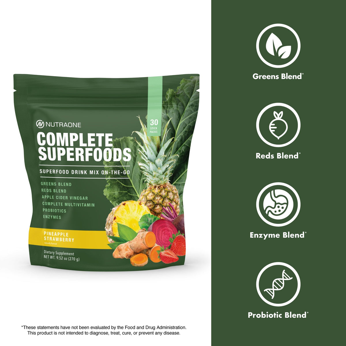 NutraOne stick packs sur une table avec des fruits