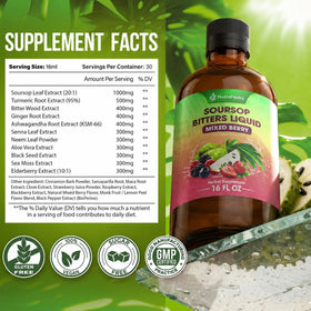 NutraPeaks Bitters Liquide Soursop 16 fl oz avec étiquette visible
