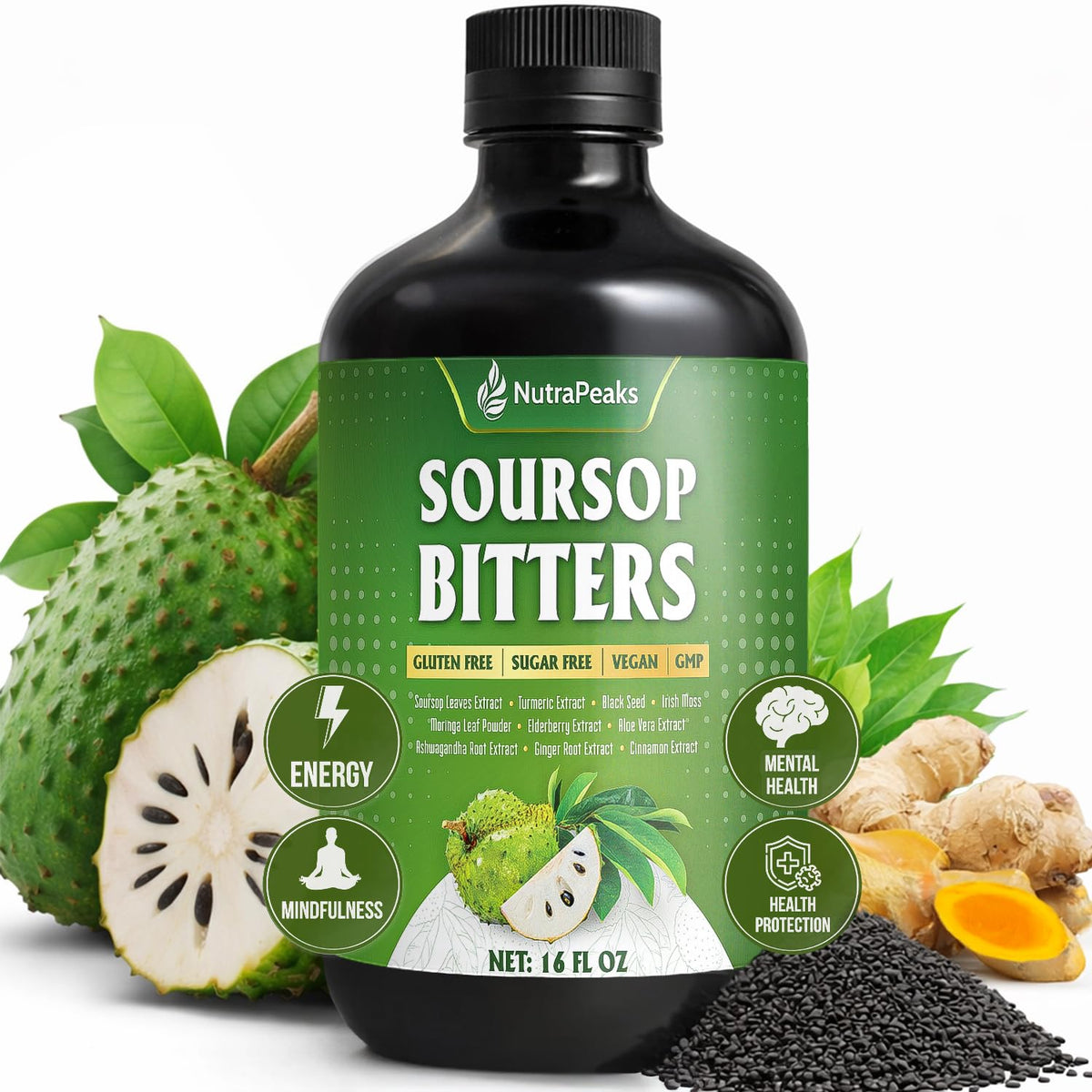 NutraPeaks Bitters Liquides Soursop 16 fl oz bouteille vue avant
