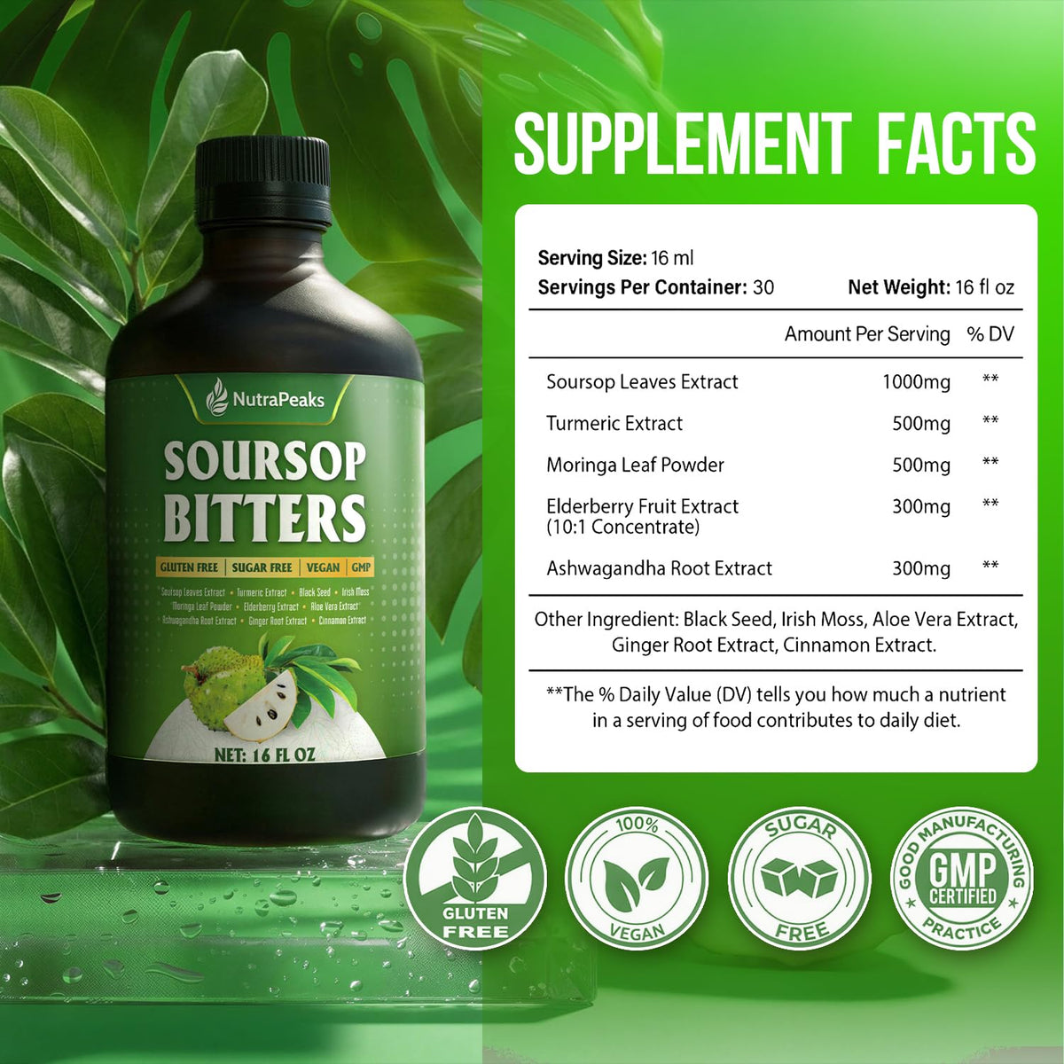 NutraPeaks Bitters Liquides Soursop 16 fl oz étiquette avec ingrédients