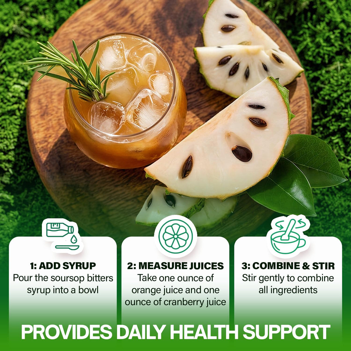 NutraPeaks Bitters Liquides Soursop 16 fl oz sur une table