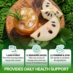 NutraPeaks Bitters Liquides Soursop 16 fl oz sur une table