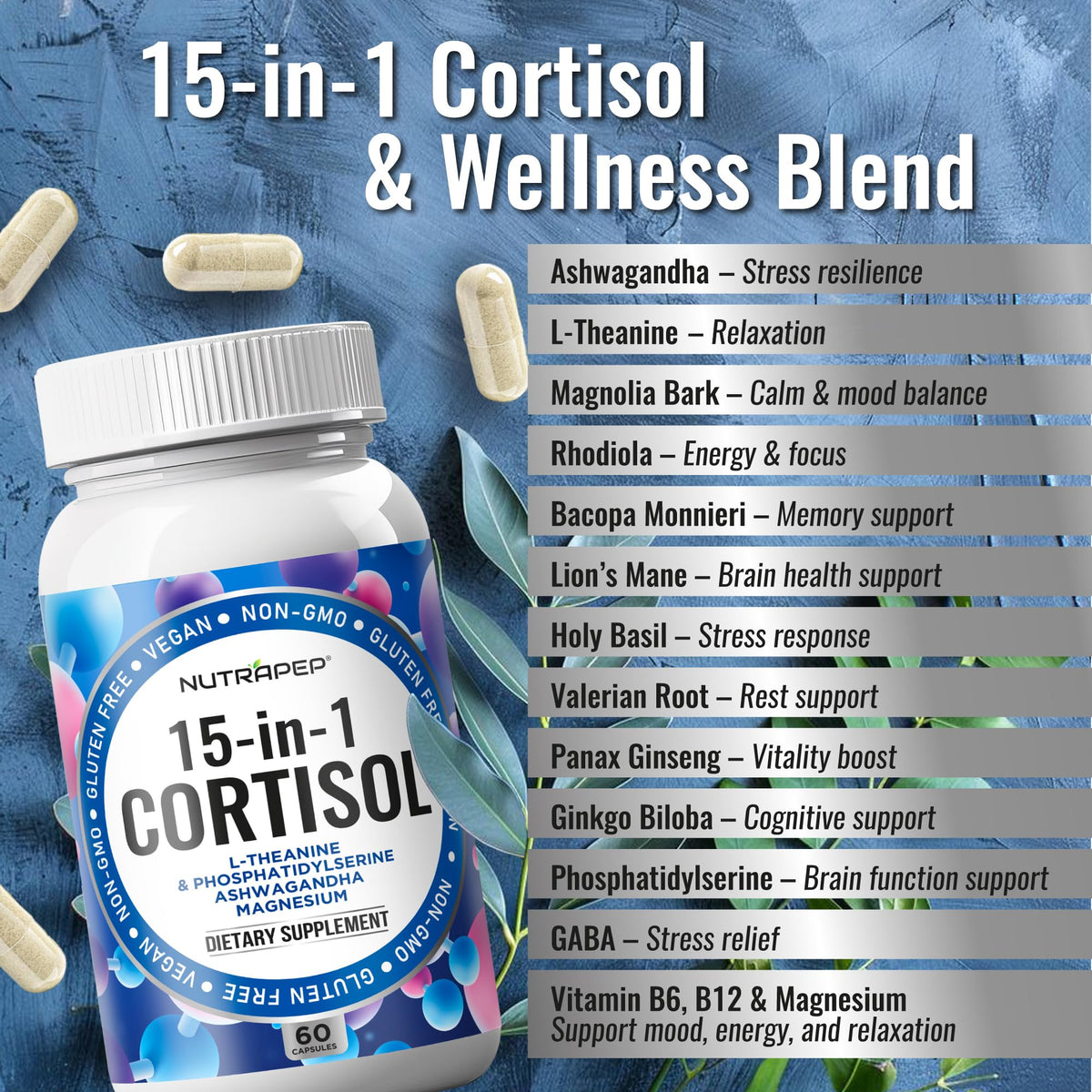 NutraPep Complément Alimentaire Cortisol 15-en-1 82g capsules