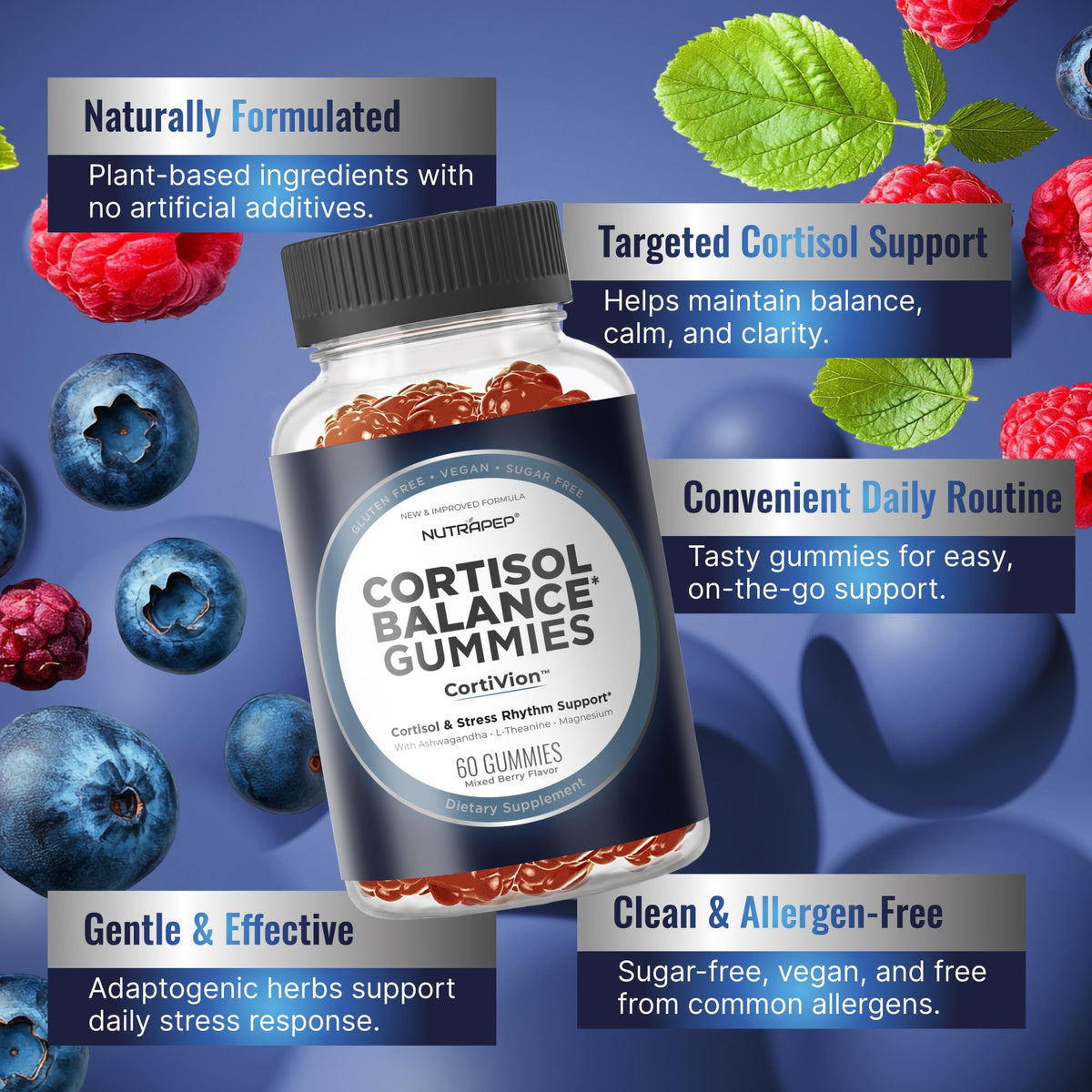 NutraPep Gummies Cortisol gummies à côté d'un verre d'eau