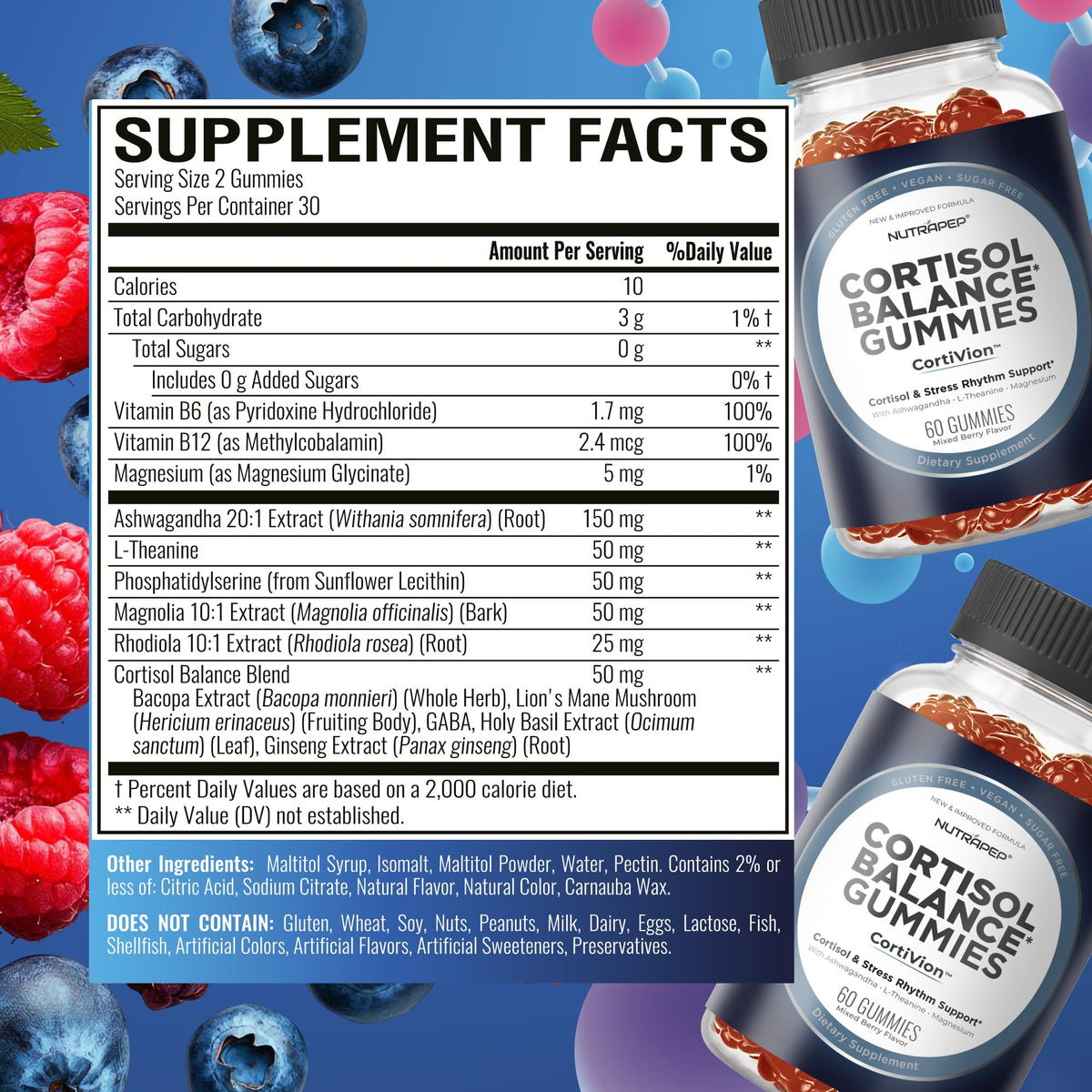 NutraPep Gummies Cortisol gummies avec ingrédients en arrière-plan