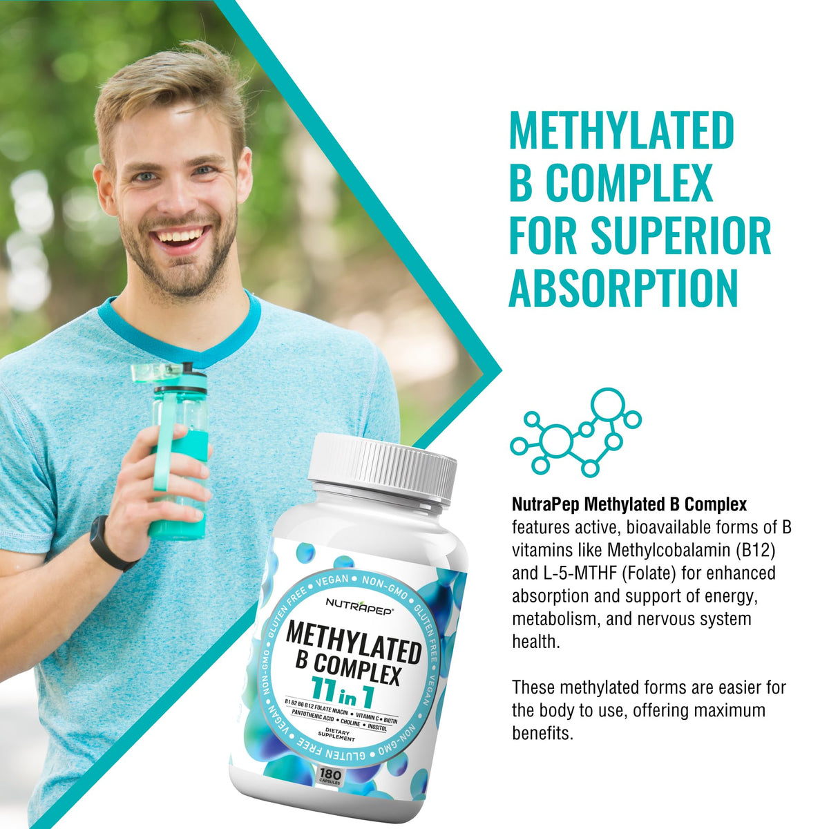 NutraPep Methylated B-Complex capsules sur une surface blanche