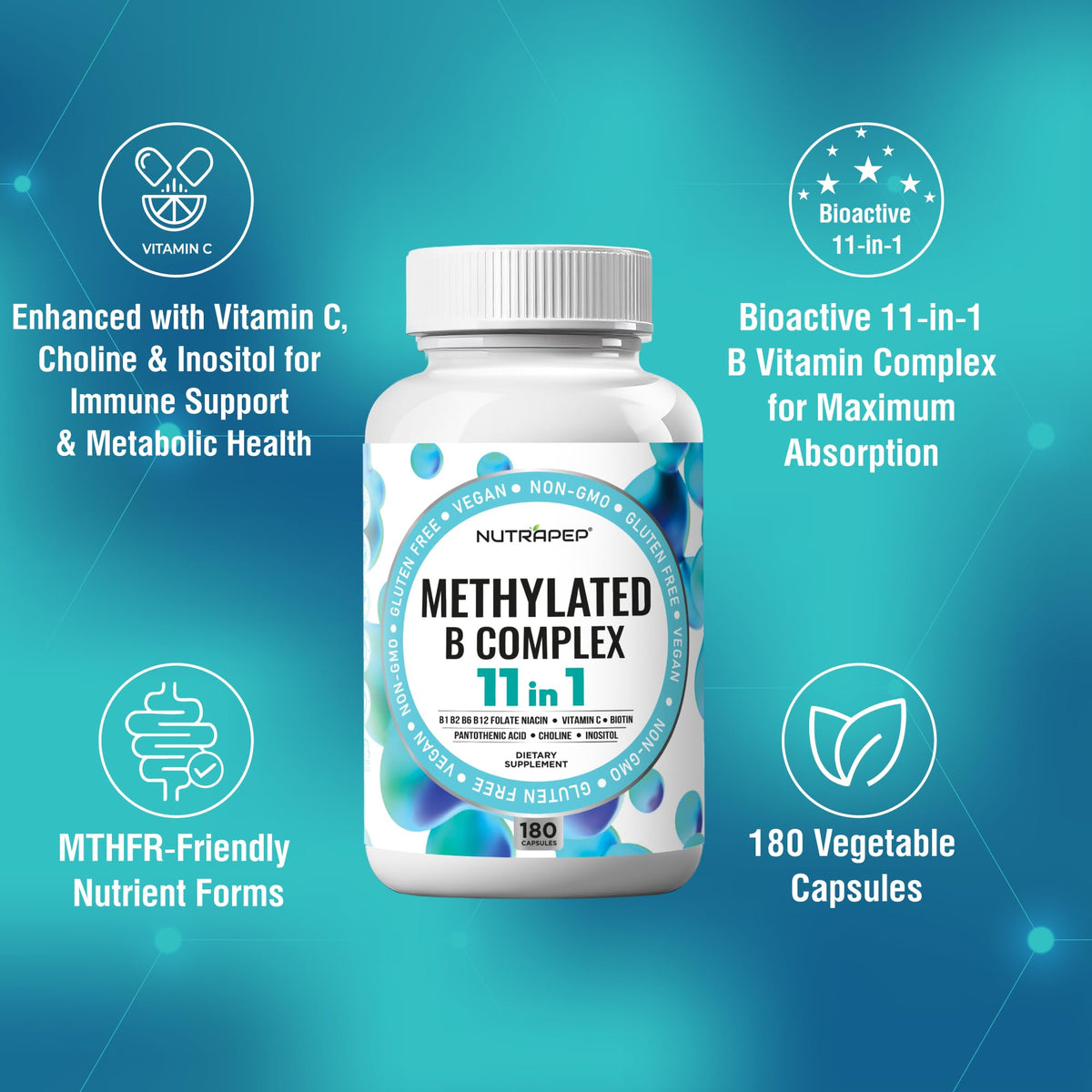 NutraPep Methylated B-Complex étiquette avec ingrédients clés