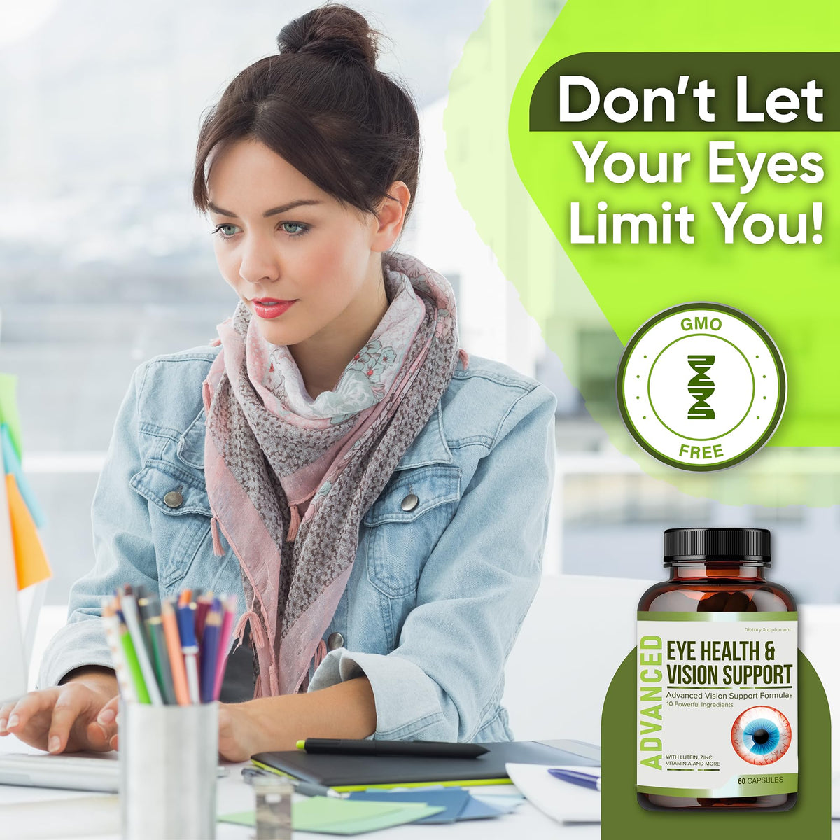 NutraPro Vision Support 60 gélules à côté de fruits et légumes