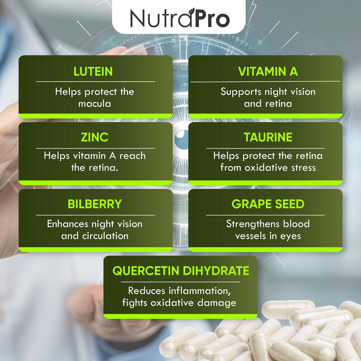 NutraPro Vision Support 60 gélules avec une main tenant la boîte