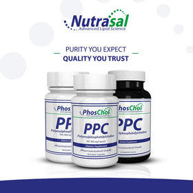 Nutrasal PhosChol 600mg gélules de choline pure à côté d'un verre d'eau