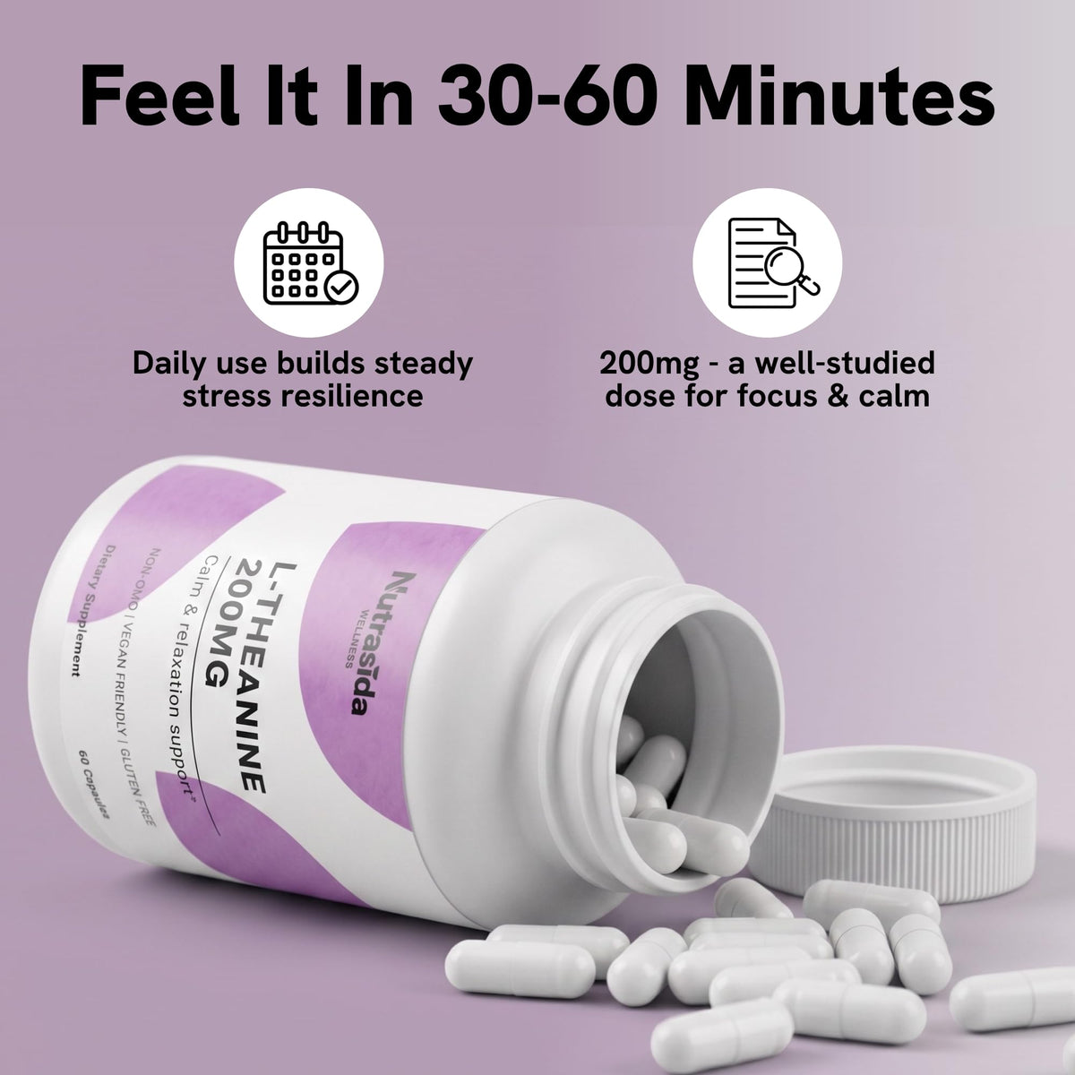 Nutrasida L-Theanine 200mg capsules, sur une table