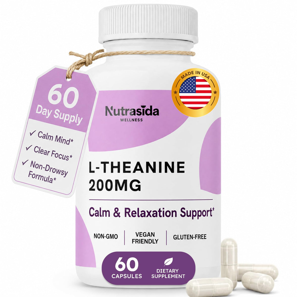Nutrasida L-Theanine 200mg capsules, vue de face
