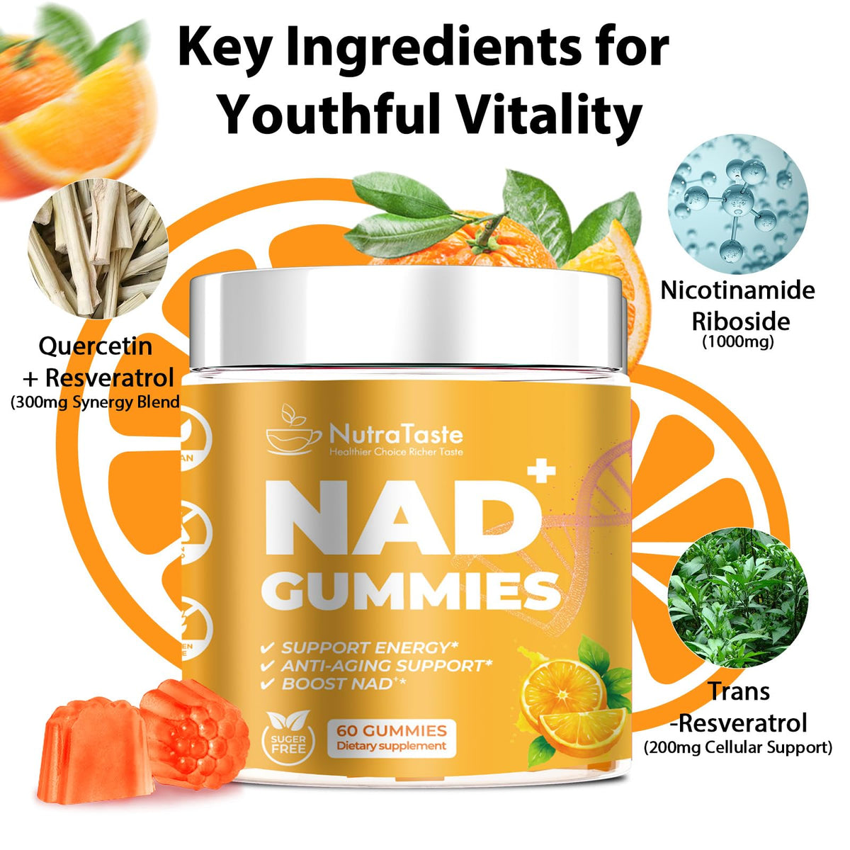 NUTRATASTE Gummies NAD⁺ orange à l'intérieur de la bouteille