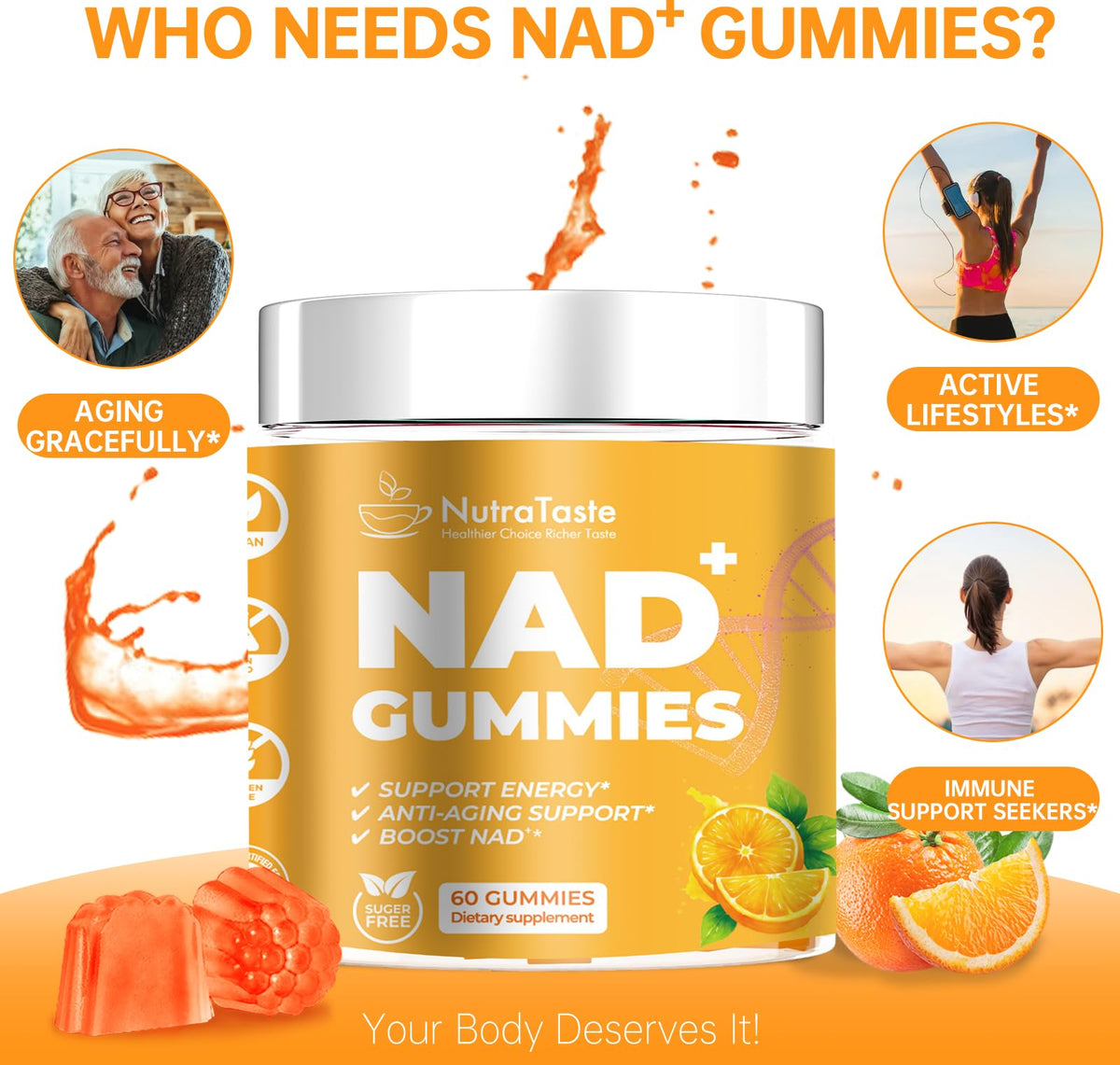NUTRATASTE Gummies NAD⁺ orange avec ingrédients en arrière-plan
