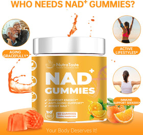 NUTRATASTE Gummies NAD⁺ orange avec ingrédients en arrière-plan