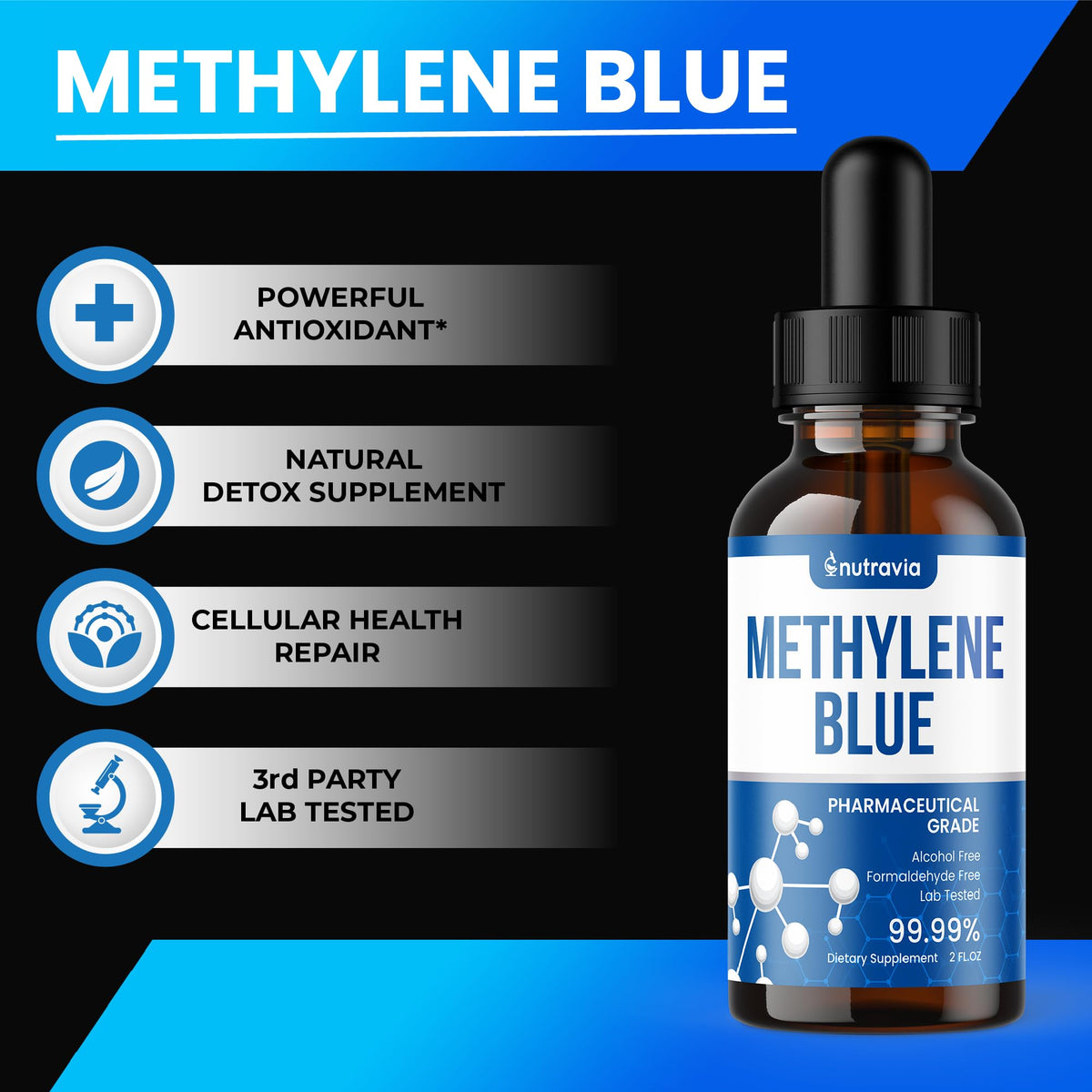 Nutravia Methylene Blue 60ml étiquette et informations