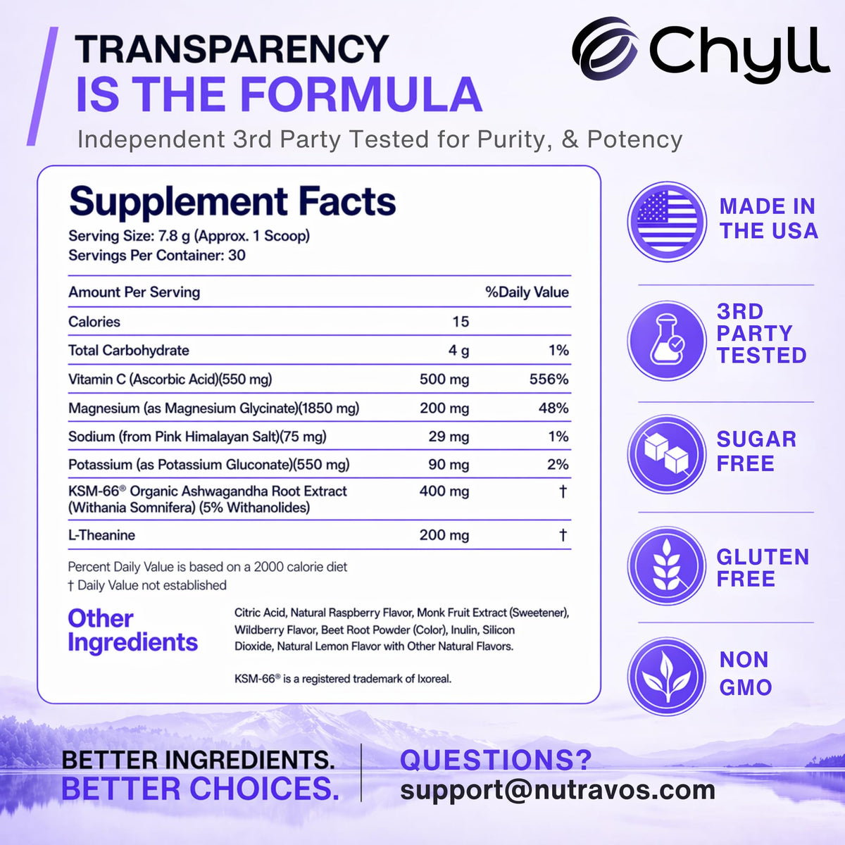 NutraVōs Chyll ingrédients principaux sur l'étiquette