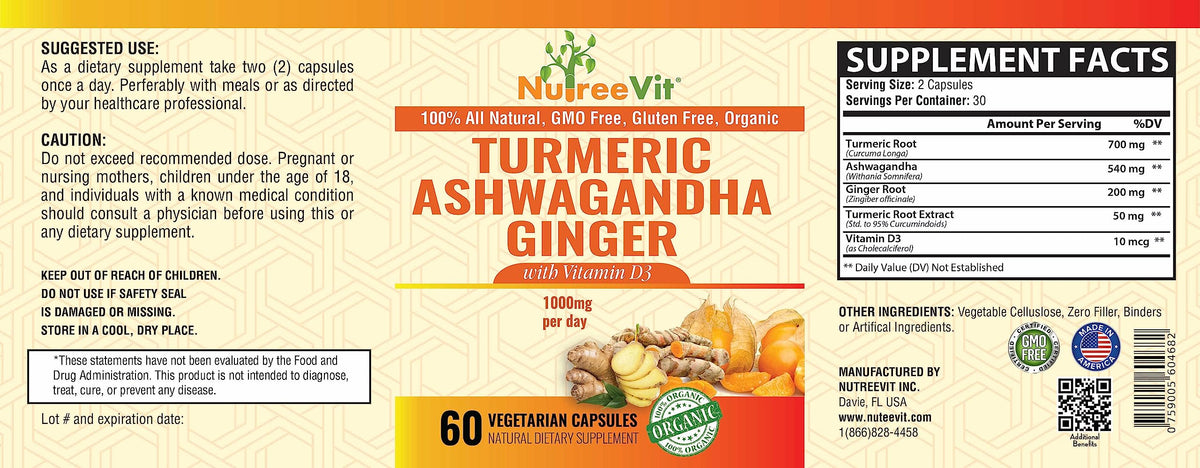 NutreeVit Ashwagandha Curcuma Gingembre 60 Capsules - capsules sur une table