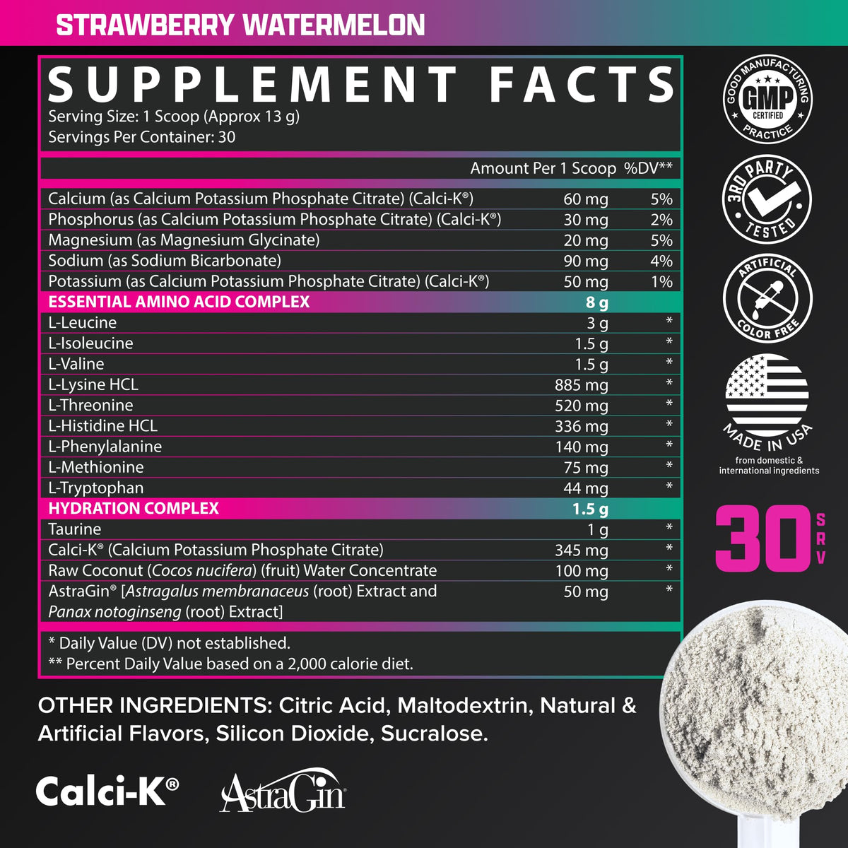 Nutrex EAA Hydration fraise pastèque en poudre près d'un shaker