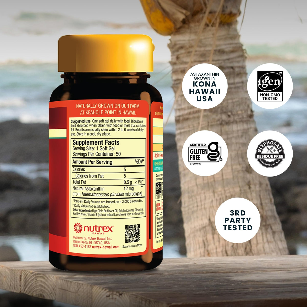 Nutrex Hawaii BioAstin Astaxanthin 12mg 50 gélules, étiquette détaillée