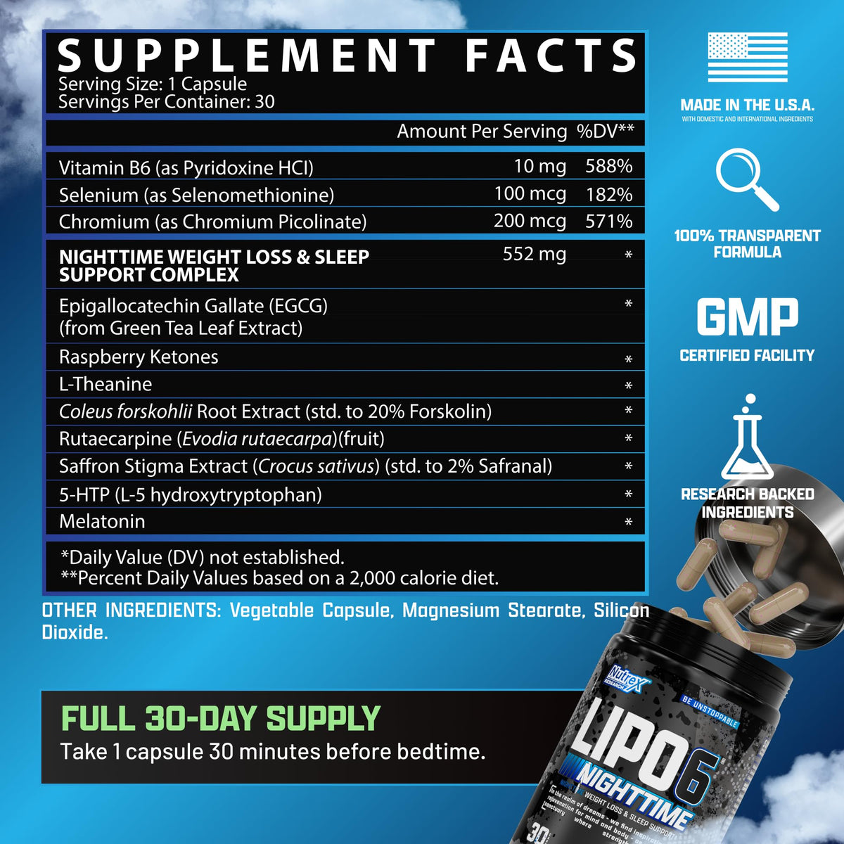 Nutrex Lipo 6 Black Nighttime capsules sur une table