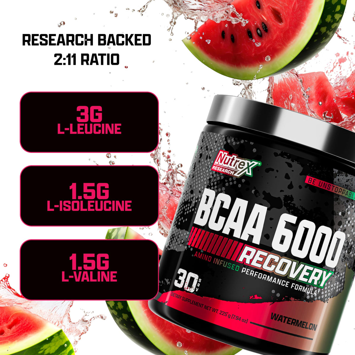 Nutrex Research BCAA Powder 6000 Acides Aminés 222g - étiquette