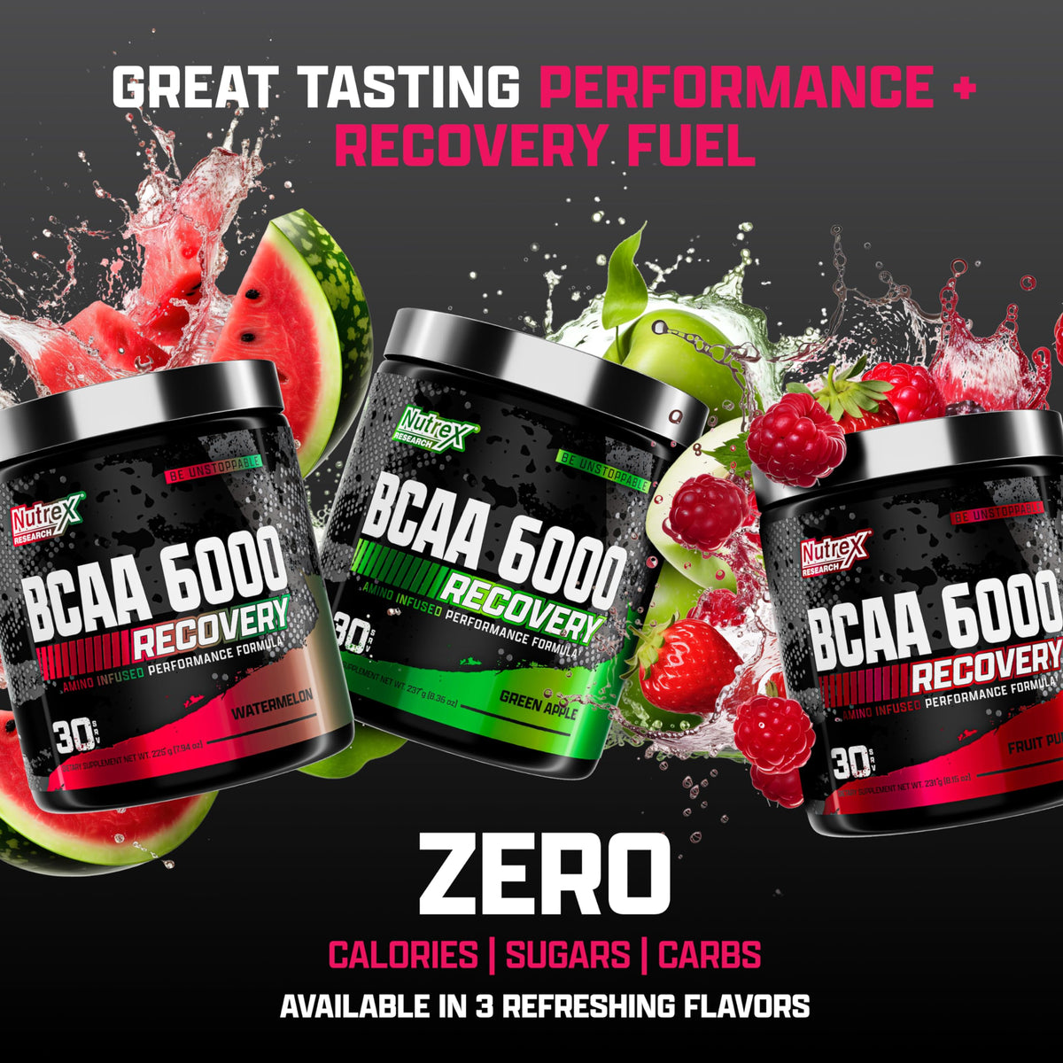 Nutrex Research BCAA Powder 6000 Acides Aminés 222g - présentation avec fruits