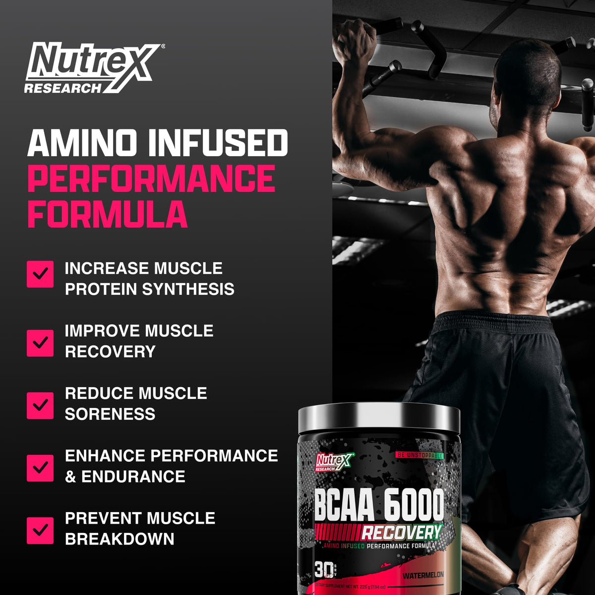 Nutrex Research BCAA Powder 6000 Acides Aminés 222g - vue arrière