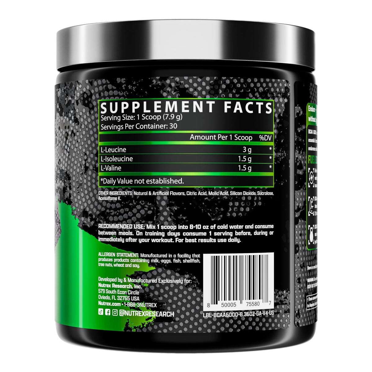 Nutrex Research BCAA Powder 6000 Pomme Verte 322g sur une table de gym