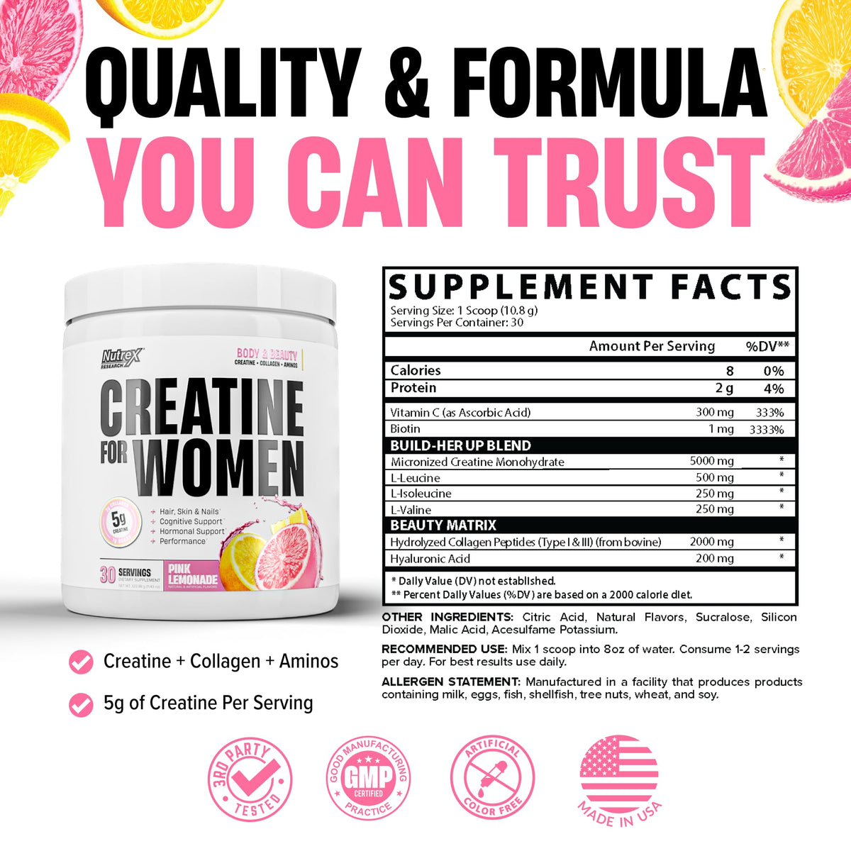 Nutrex Research Créatine pour Femmes 5g Pêche Mangue en poudre