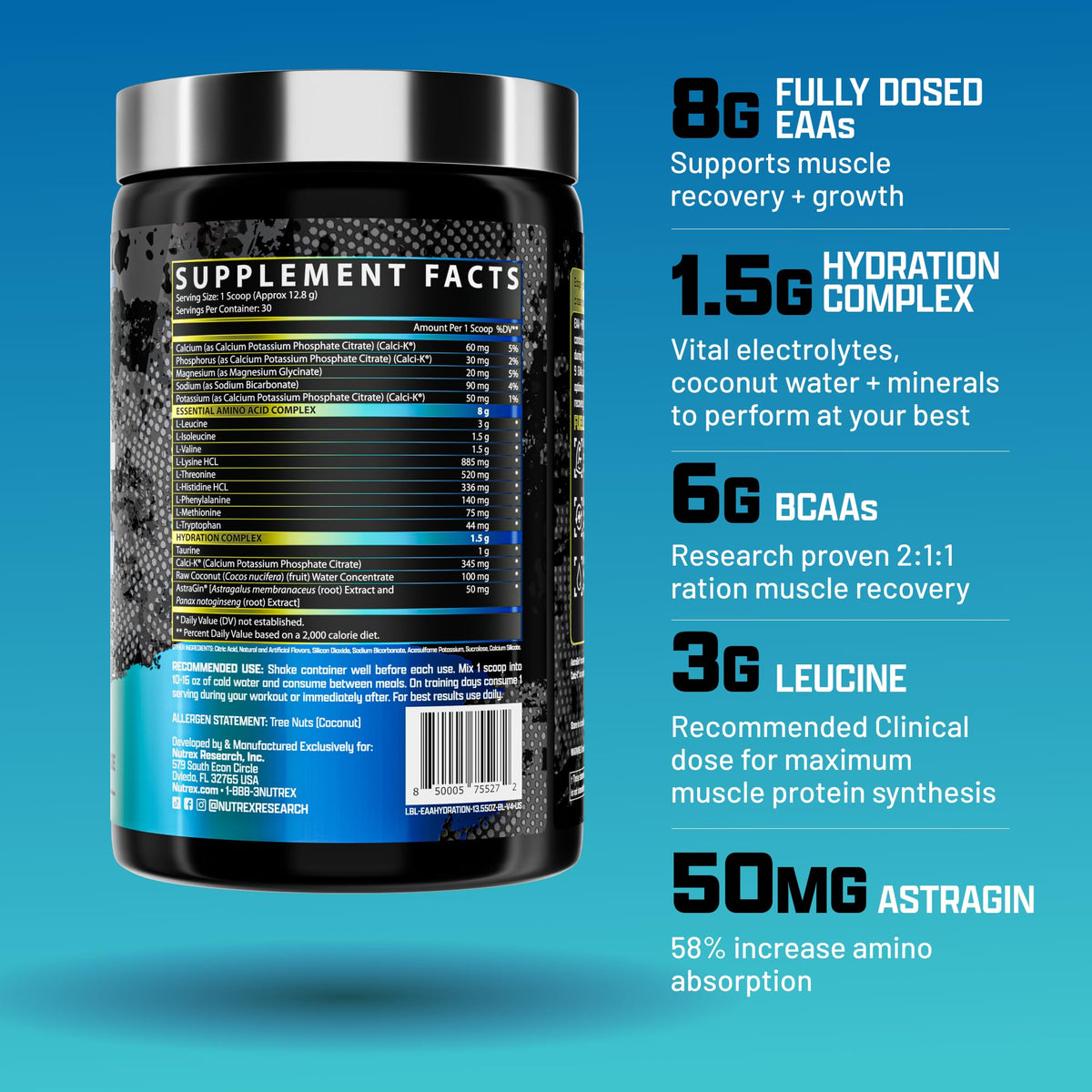 Nutrex Research EAA Hydration emballage et mesure de poudre
