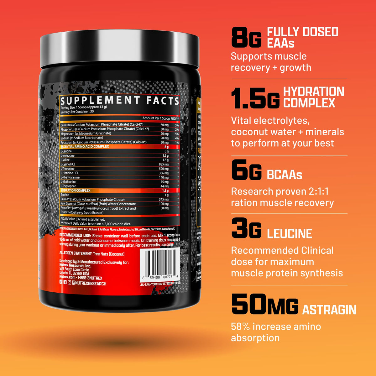 Nutrex Research EAA Hydration étiquette avec informations nutritionnelles