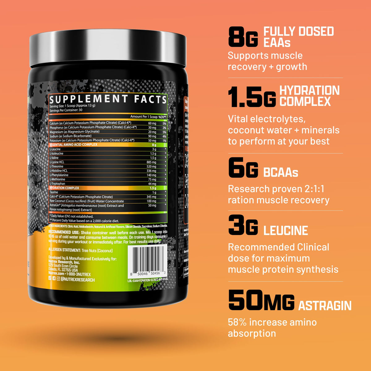 Nutrex Research EAA Hydration mélange de poudre dans un verre