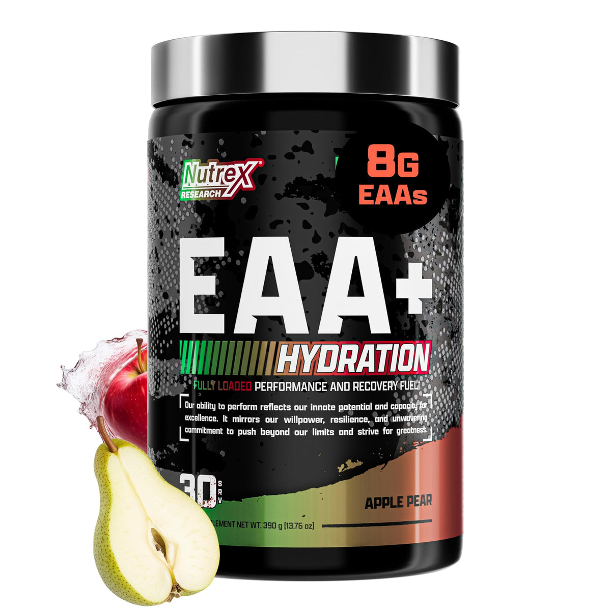 Nutrex Research EAA Hydration poudre 440g vue avant avec étiquette pomme-poire