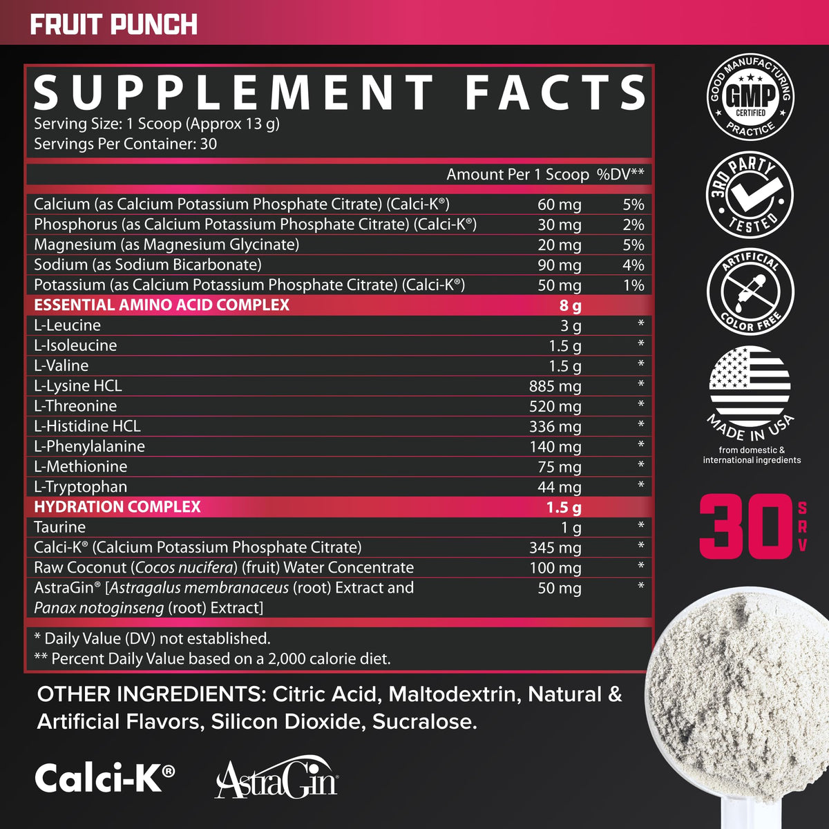 Nutrex Research EAA Hydration Poudre 510g avec fruits en arrière-plan
