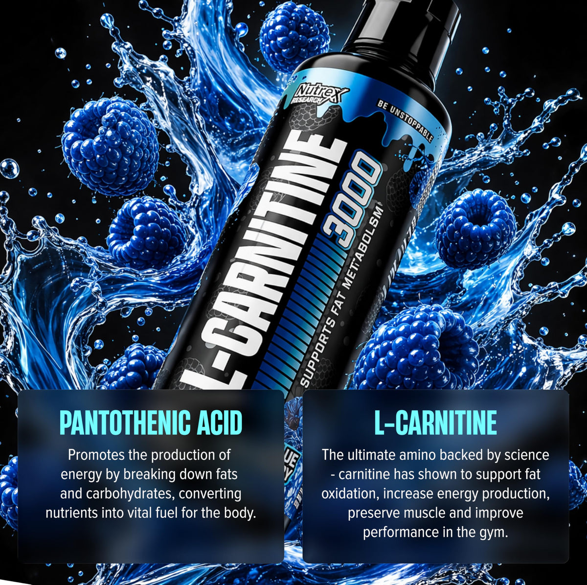 Nutrex Research L-Carnitine 3000 sur une table avec des fruits