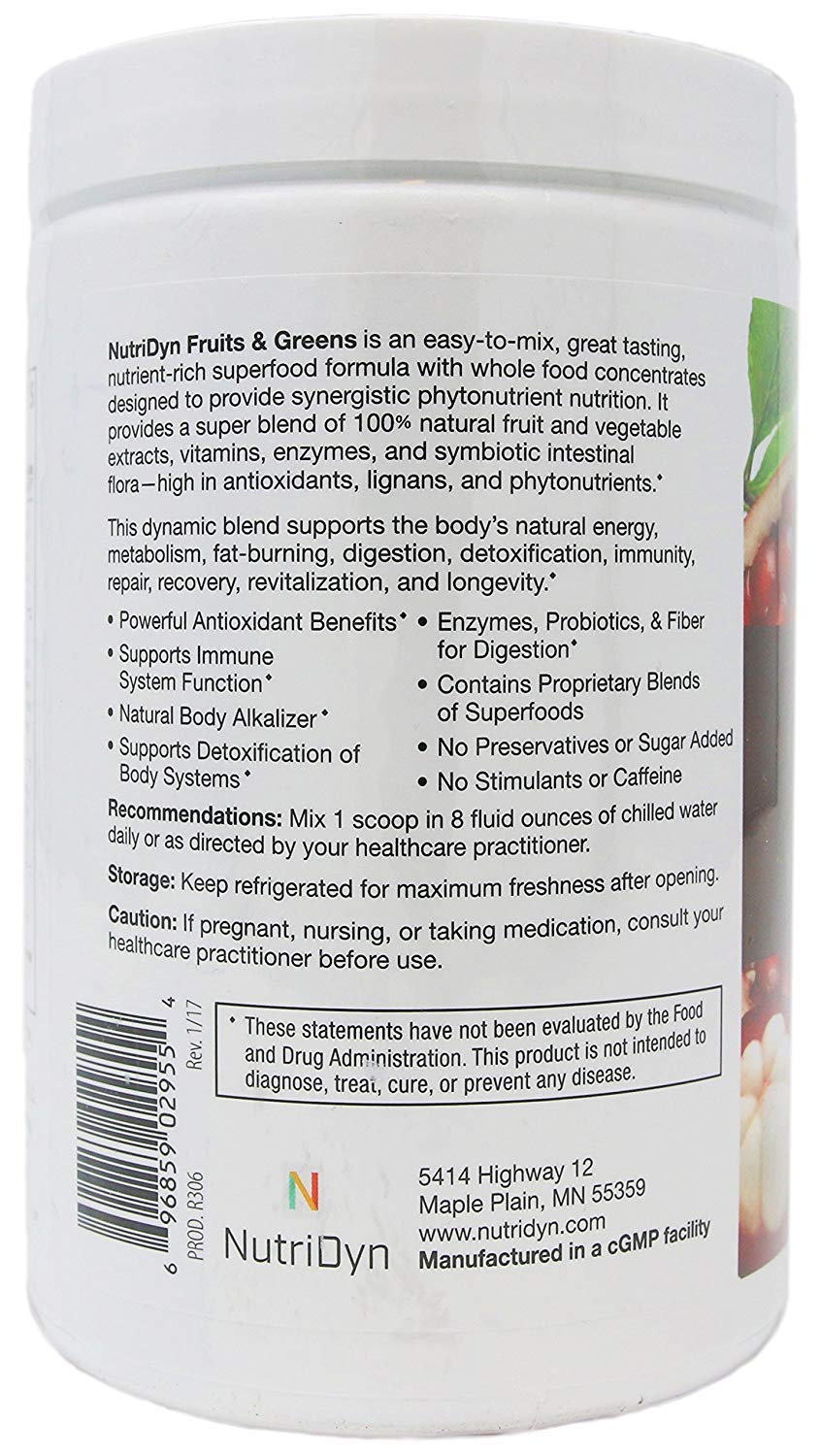 Nutri-Dyn Fruits & Greens packaging avec étiquette bio