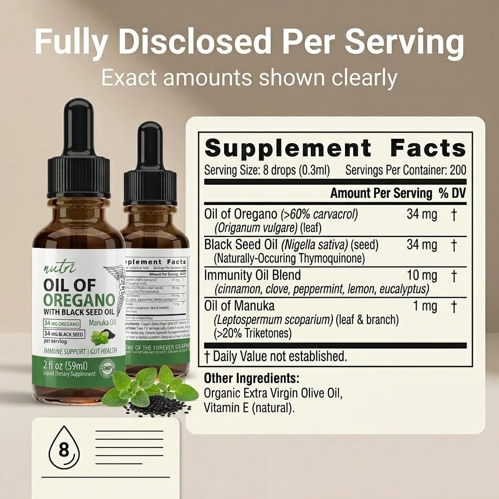Nutri Huile d'Origan Tincture 59ml, étiquetage détaillé