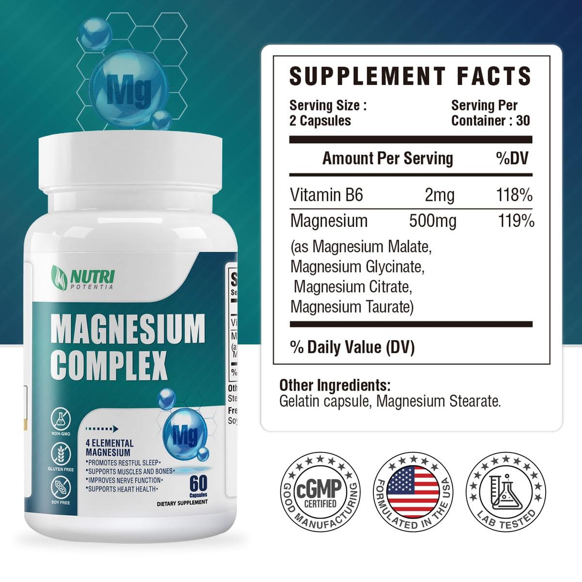 NUTRI POTENTIA Complexe de Magnésium 500mg 60 Capsules - vue arrière