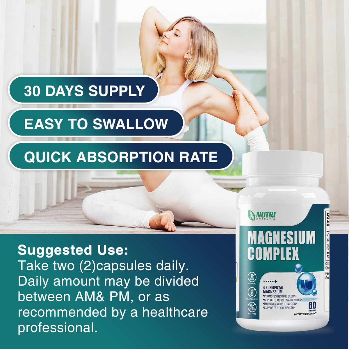NUTRI POTENTIA Complexe de Magnésium 500mg - capsules dans un verre