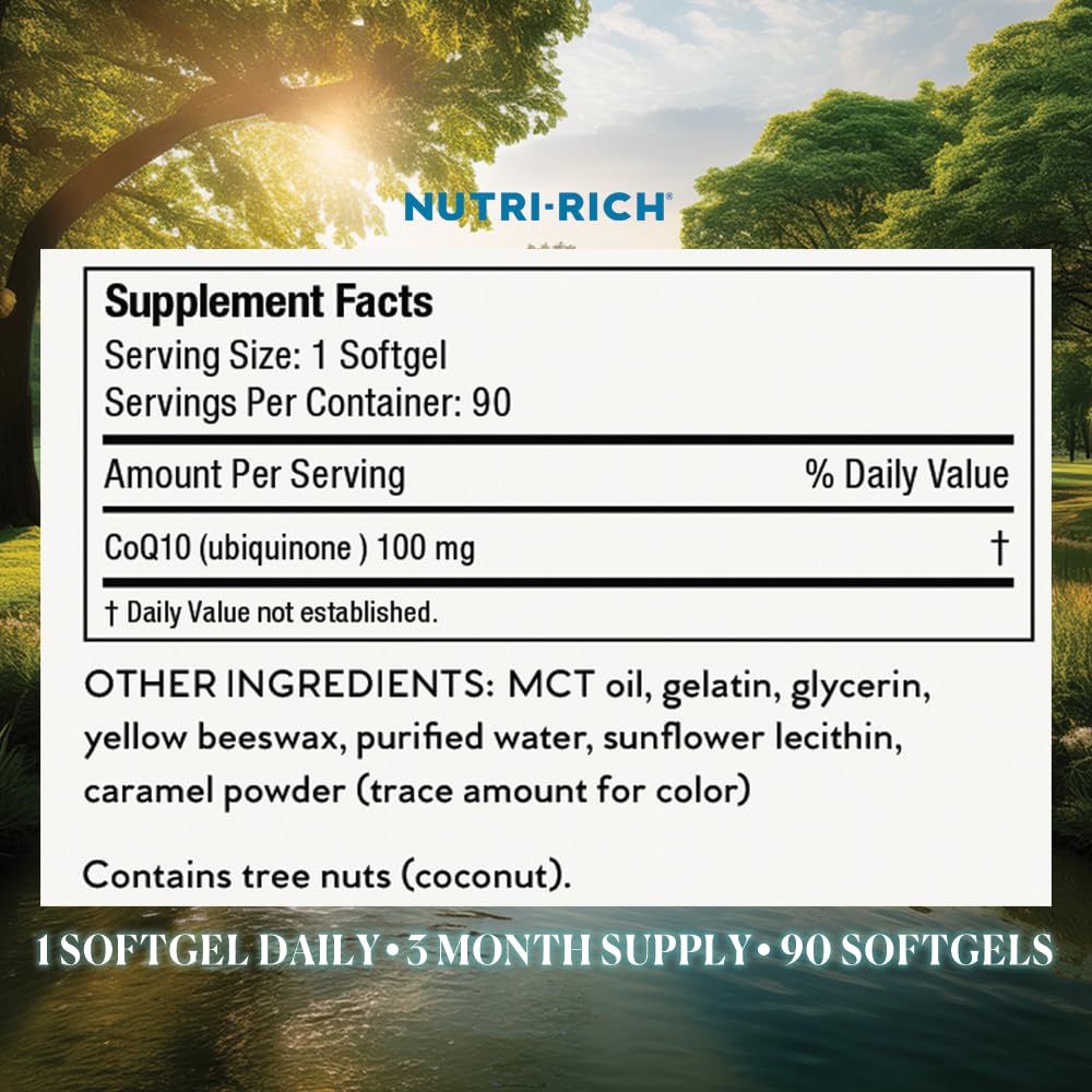 Nutri-Rich CoQ10 100mg gélules molles sur un fond naturel