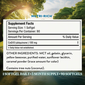 Nutri-Rich CoQ10 100mg gélules molles sur un fond naturel