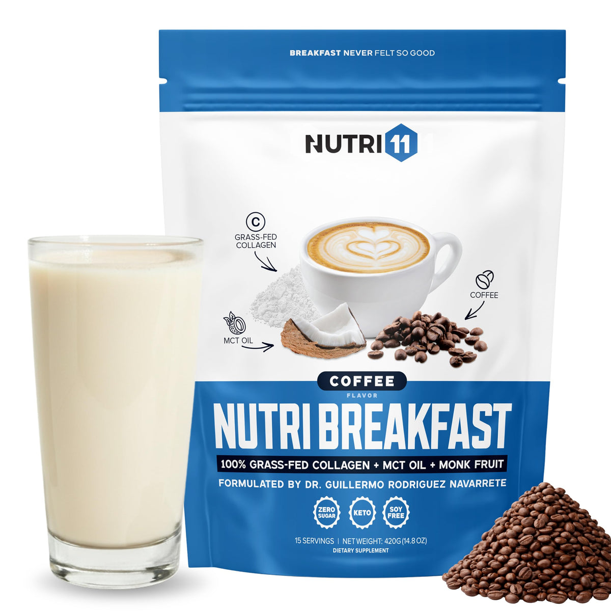 Nutri11 NutriBreakfast Poudre de Collagène Keto 449g café vue de face