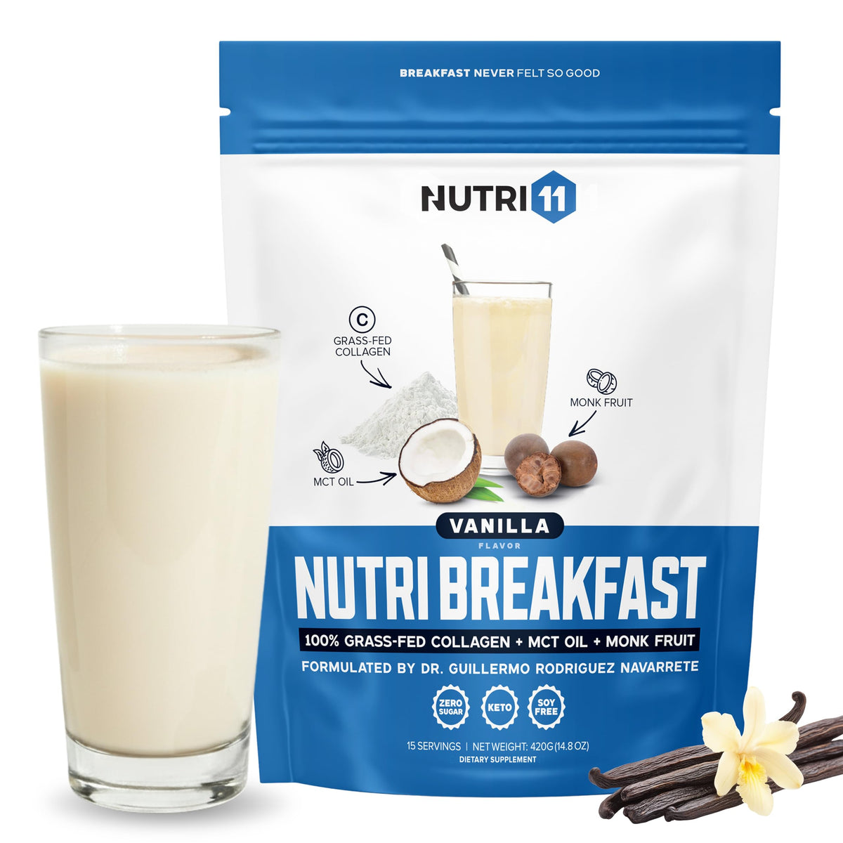 Nutri11 NutriBreakfast poudre de collagène keto vanille 472g vue de face